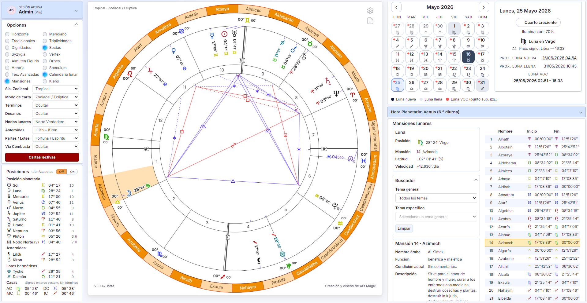 Panel de mansiones lunares y calendario lunar del motor astrológico.