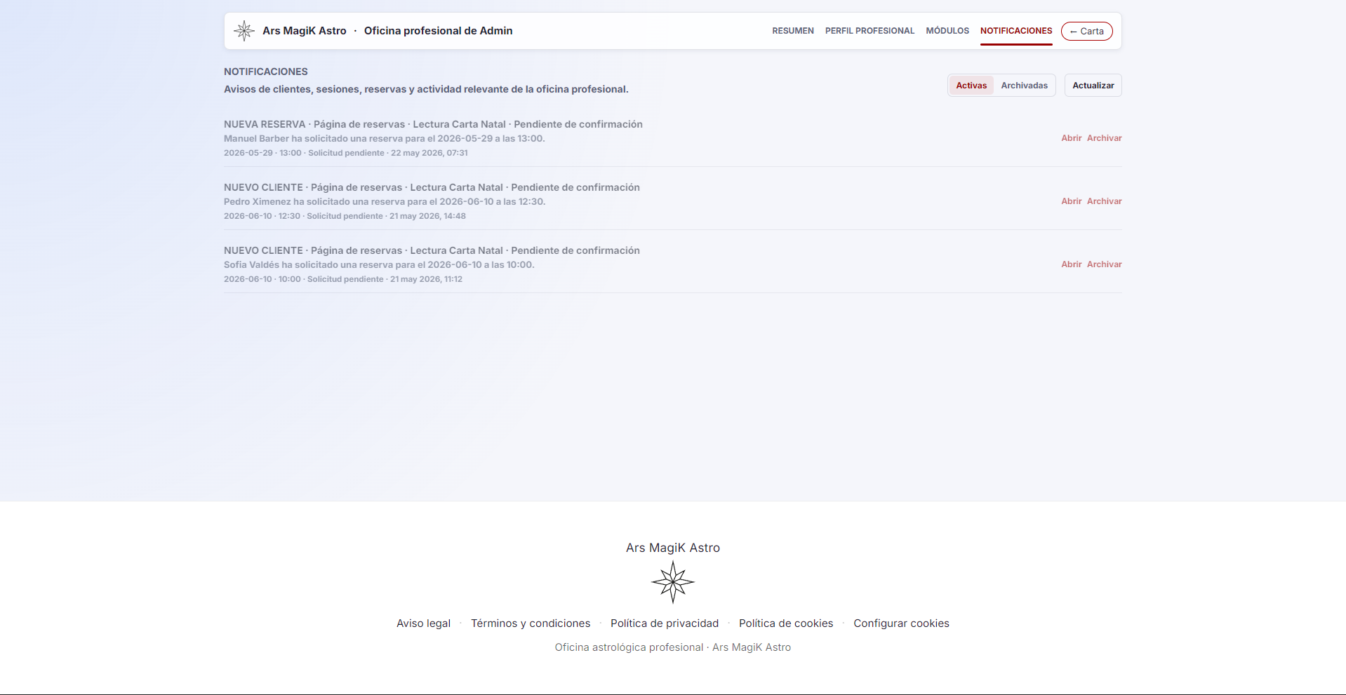 Panel de notificaciones de reservas y actividad profesional.