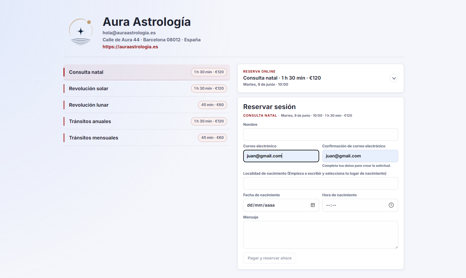 Segunda vista de configuración de página personal, servicios visibles y reservas.