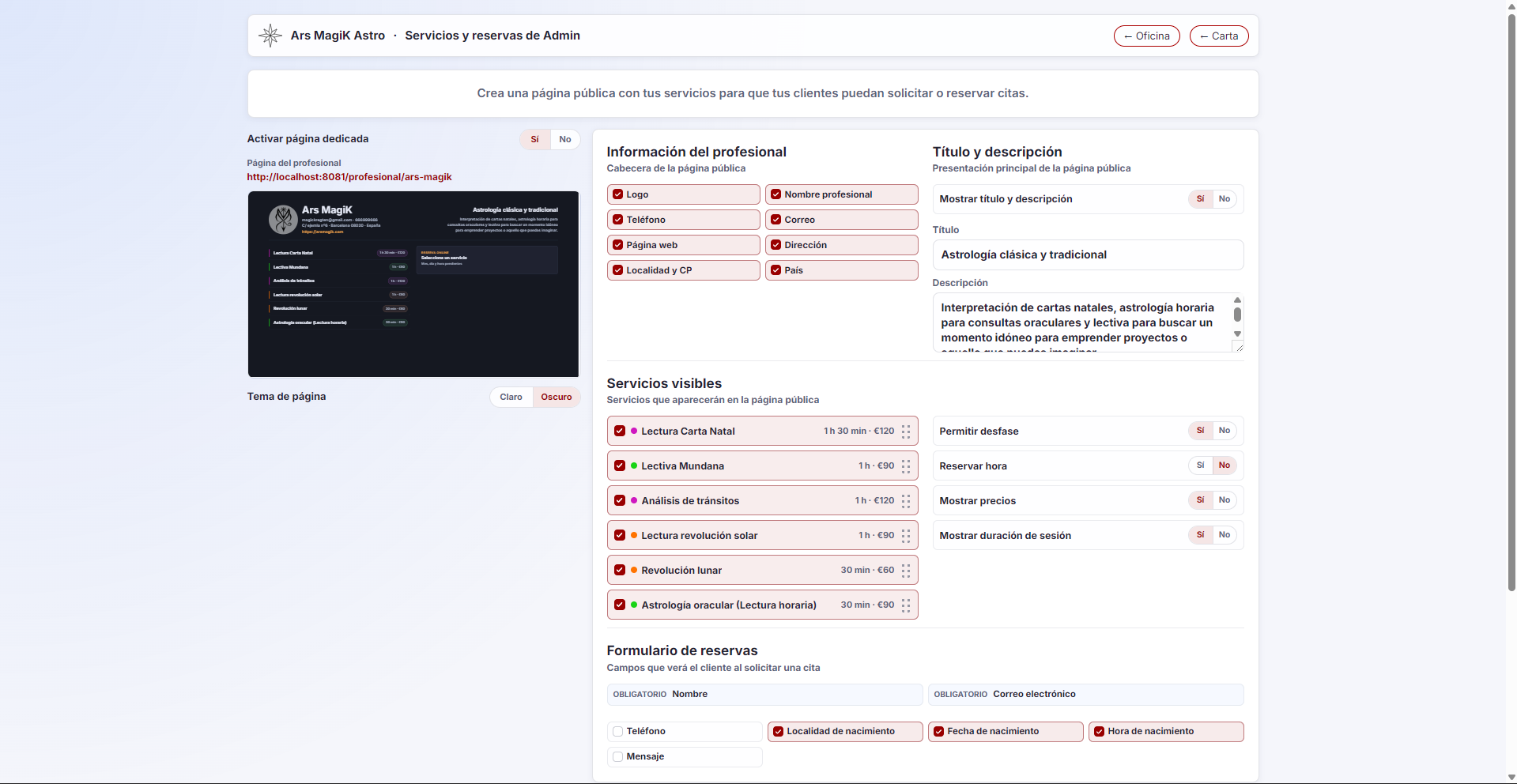 Configuración de la página personal y portal público de reservas.