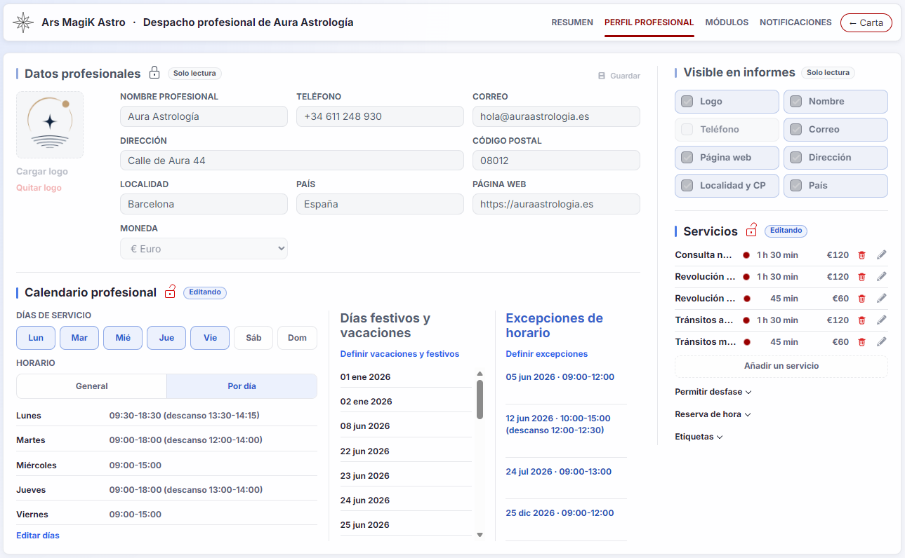 Configuración del perfil profesional y datos visibles de la consulta.
