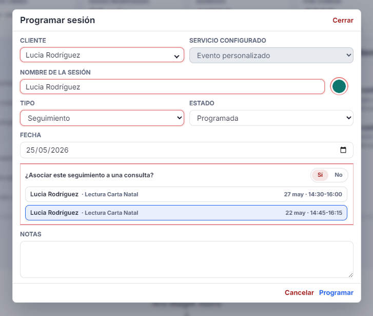 Seguimientos de sesiones asociados a una ficha.