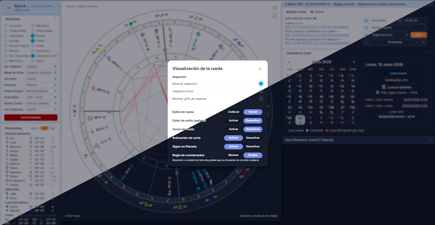 Opções para personalizar a visualização da roda astral.