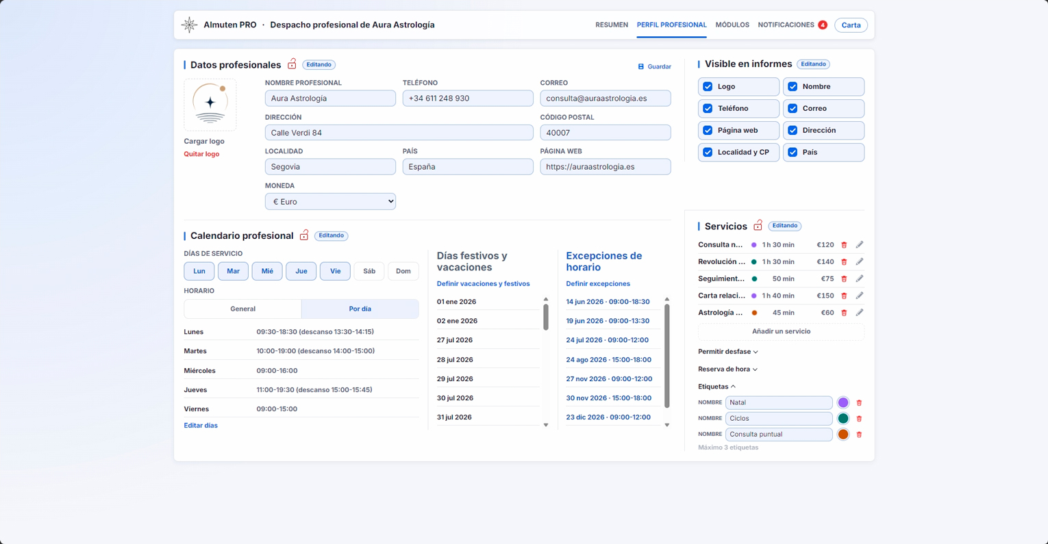 Configuração do perfil profissional, serviços e dados visíveis para clientes.